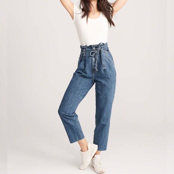 Abercrombie & Fitch Waist Tie Paperbag Mom High Rise Straight Leg Jeans 26/2R - Picture 2 of 8
